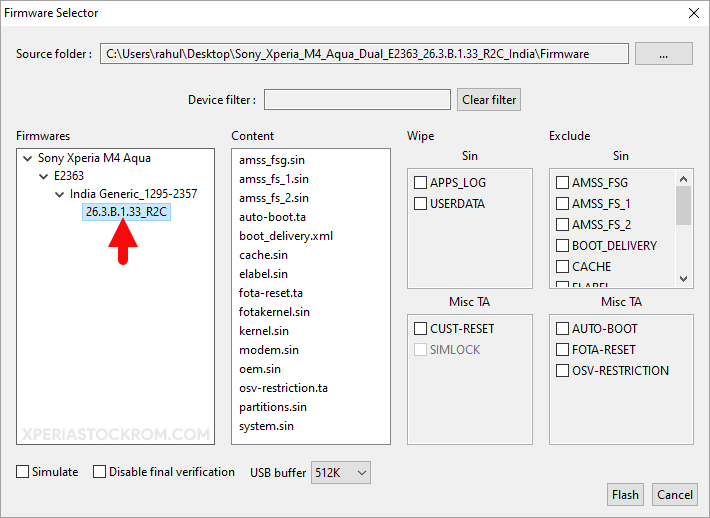 Sony Mobile Flasher Select Firmware Version